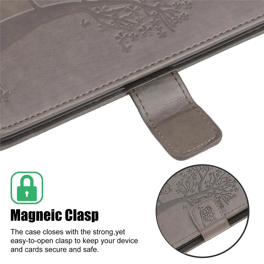 Imprint Tree Owl Pattern Magnetic Wallet PU Leather Cover for Samsung Galaxy A51 5G - Grey - 7