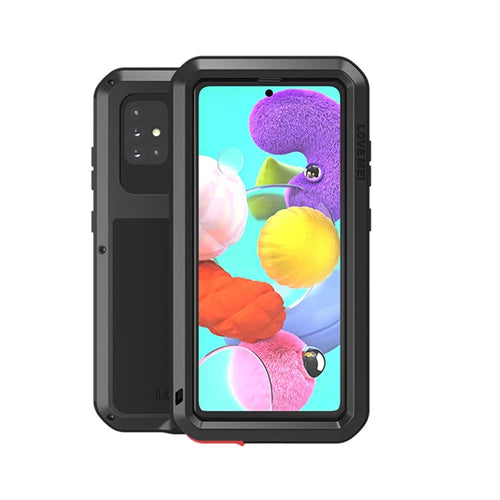 LOVE MEI Dust-proof Shock-proof Splash-proof Defender Metal+Silicone+Tempered Glass Case for Samsung Galaxy A51 SM-A515 - Black - 1
