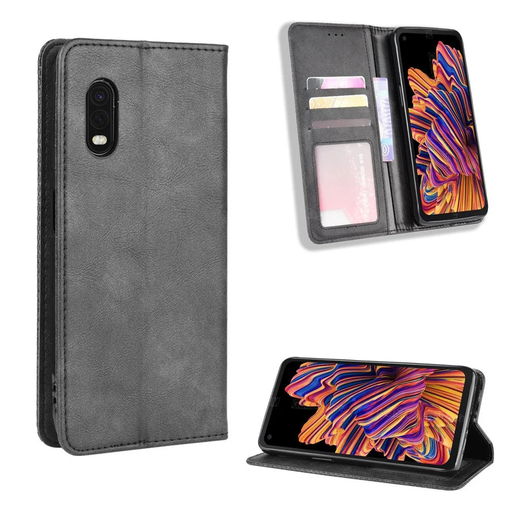 Vintage Style Leather Wallet Stand Case for Samsung Galaxy Xcover Pro - Black - 1