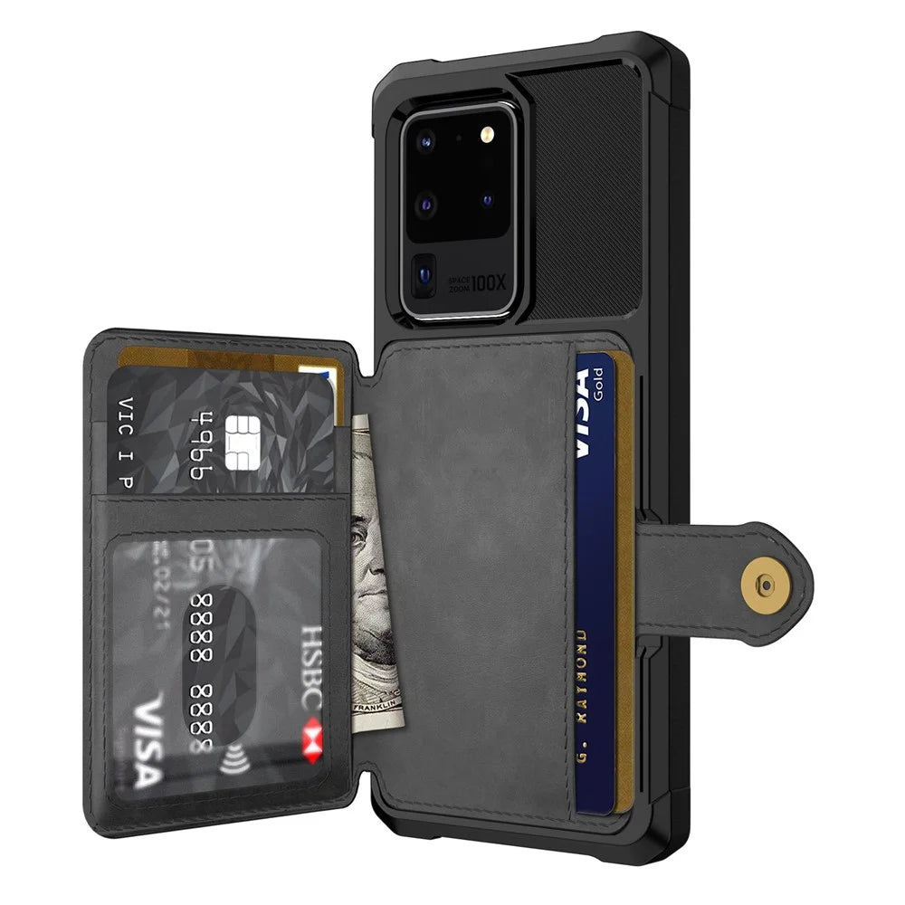 Leather Coated TPU with Wallet Kickstand Shell with Built-in Magnetic Sheet for Samsung Galaxy S20 Ultra - Black - 3