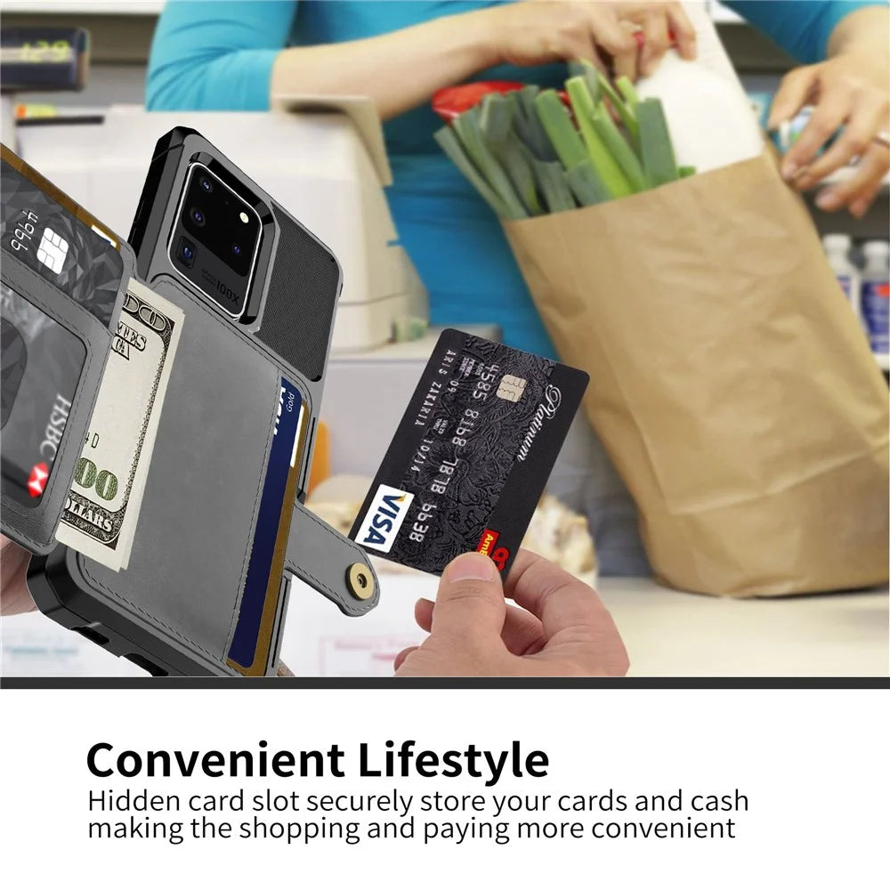 Leather Coated TPU with Wallet Kickstand Shell with Built-in Magnetic Sheet for Samsung Galaxy S20 Ultra - Black - 4