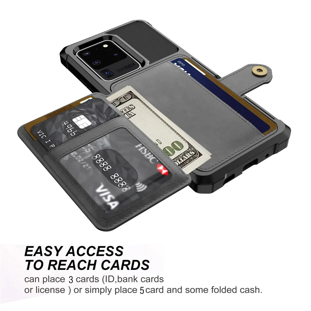 Leather Coated TPU with Wallet Kickstand Shell with Built-in Magnetic Sheet for Samsung Galaxy S20 Ultra - Black - 5
