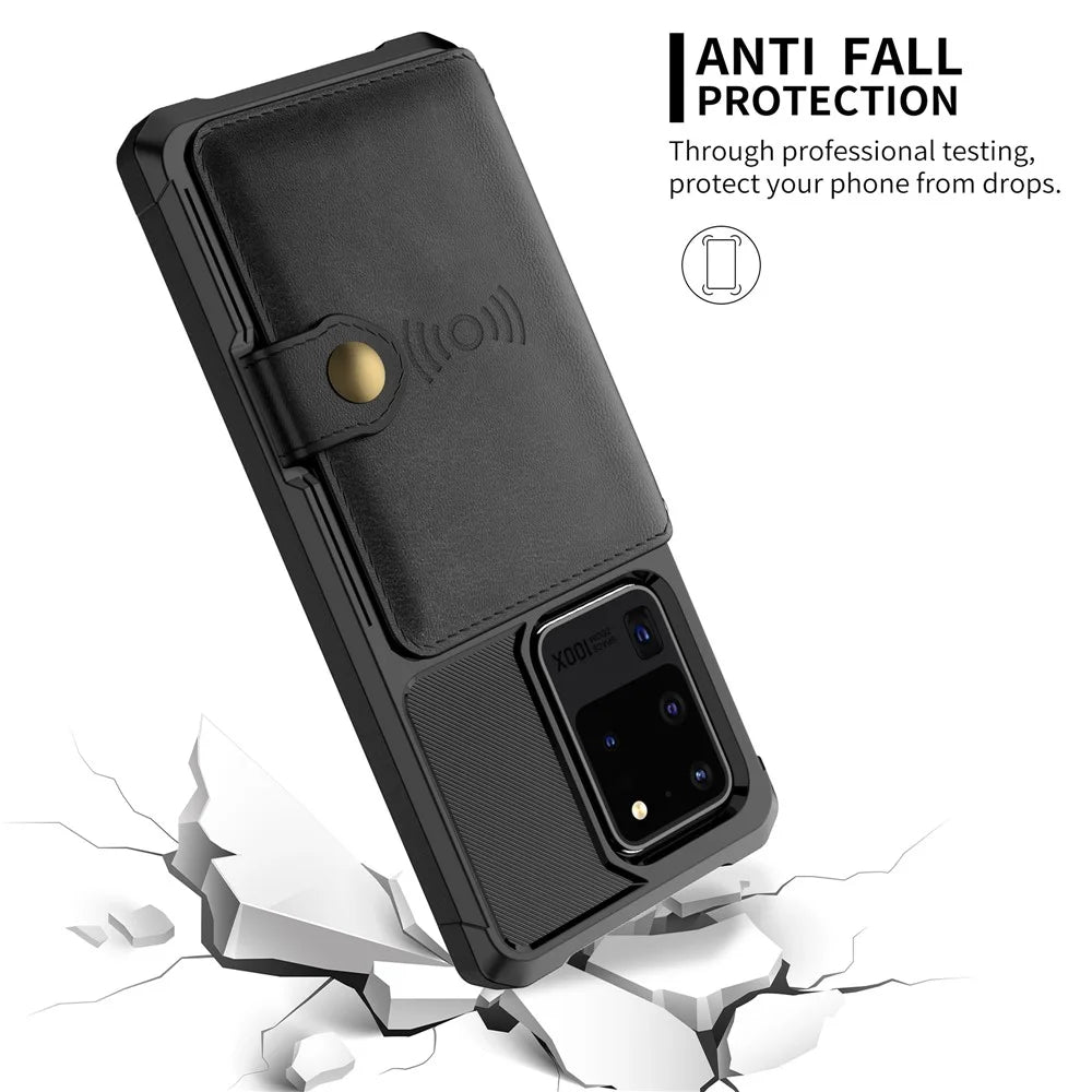 Leather Coated TPU with Wallet Kickstand Shell with Built-in Magnetic Sheet for Samsung Galaxy S20 Ultra - Black - 6