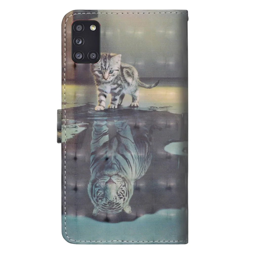 Light Spot Decor Pattern Printing Wallet Stand Leather Cover with Strap for Samsung Galaxy A31 - Cat and Tiger Reflection - 3