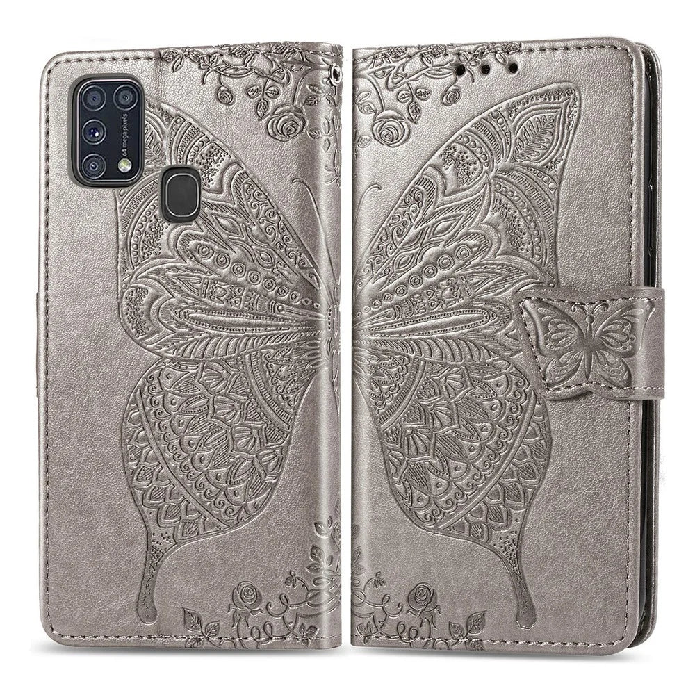 Imprint Butterfly Flower Wallet Leather Stand Case for Samsung Galaxy M31 - Grey - 1