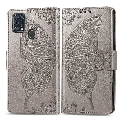 Imprint Butterfly Flower Wallet Leather Stand Case for Samsung Galaxy M31 - Grey - 1