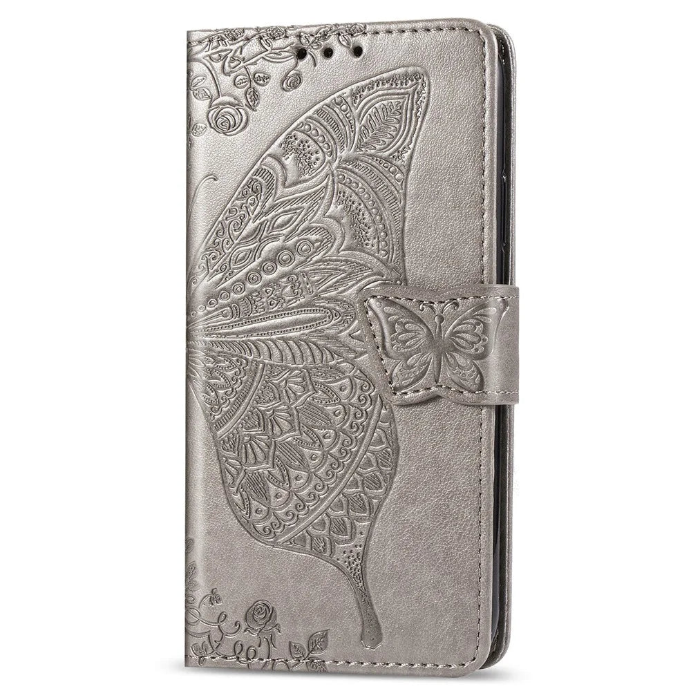 Imprint Butterfly Flower Wallet Leather Stand Case for Samsung Galaxy M31 - Grey - 2