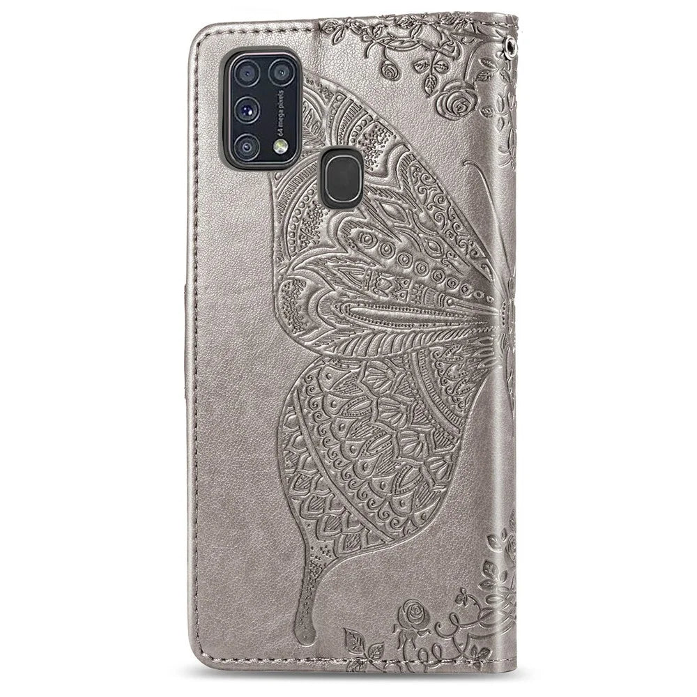 Imprint Butterfly Flower Wallet Leather Stand Case for Samsung Galaxy M31 - Grey - 3