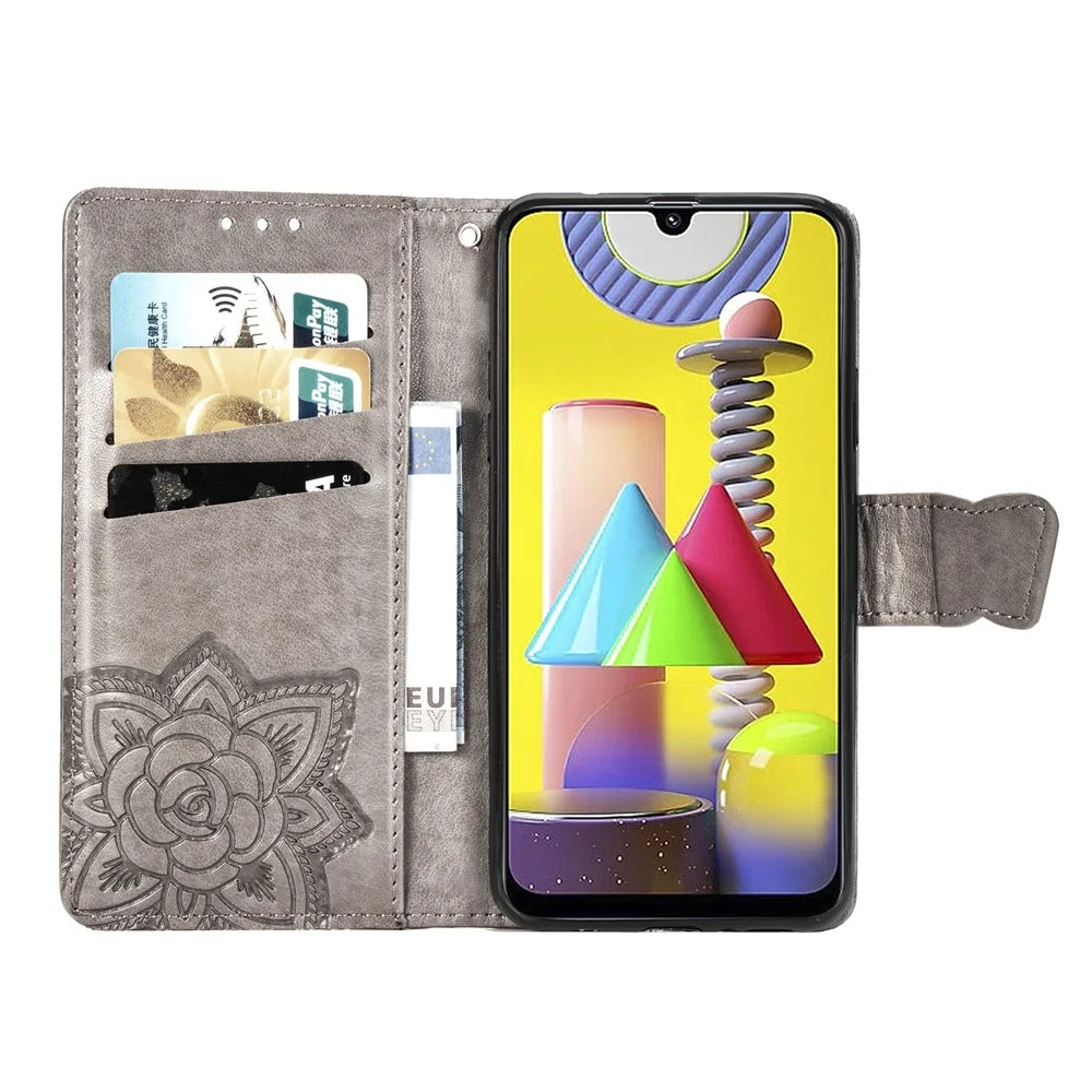 Imprint Butterfly Flower Wallet Leather Stand Case for Samsung Galaxy M31 - Grey - 4