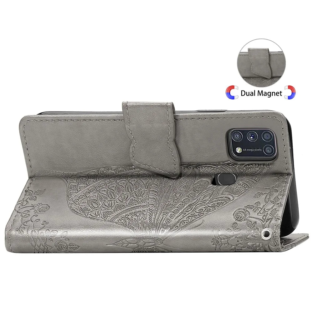 Imprint Butterfly Flower Wallet Leather Stand Case for Samsung Galaxy M31 - Grey - 6