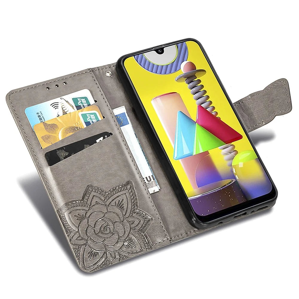 Imprint Butterfly Flower Wallet Leather Stand Case for Samsung Galaxy M31 - Grey - 7