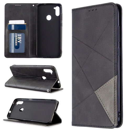 Geometric Pattern Auto-Absorbed Leather Cover with Card Slots for Samsung Galaxy A11 (EU Version) / M11 - Black - 1