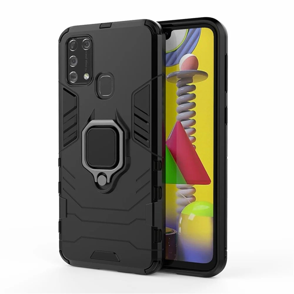 Cool Guard Ring Holder Kickstand PC + TPU Stylish Case for Samsung Galaxy M31 - Black - 1