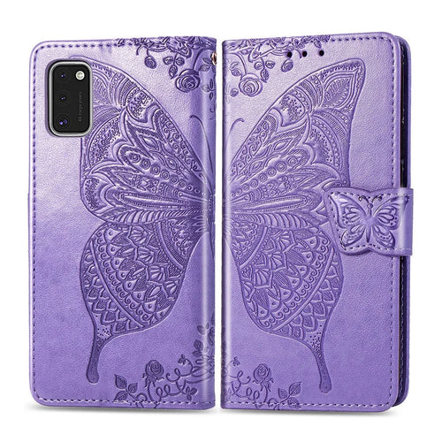 Imprint Butterfly Flower Leather Wallet Case for Samsung Galaxy A41 (Global Version) - Light Purple - 1