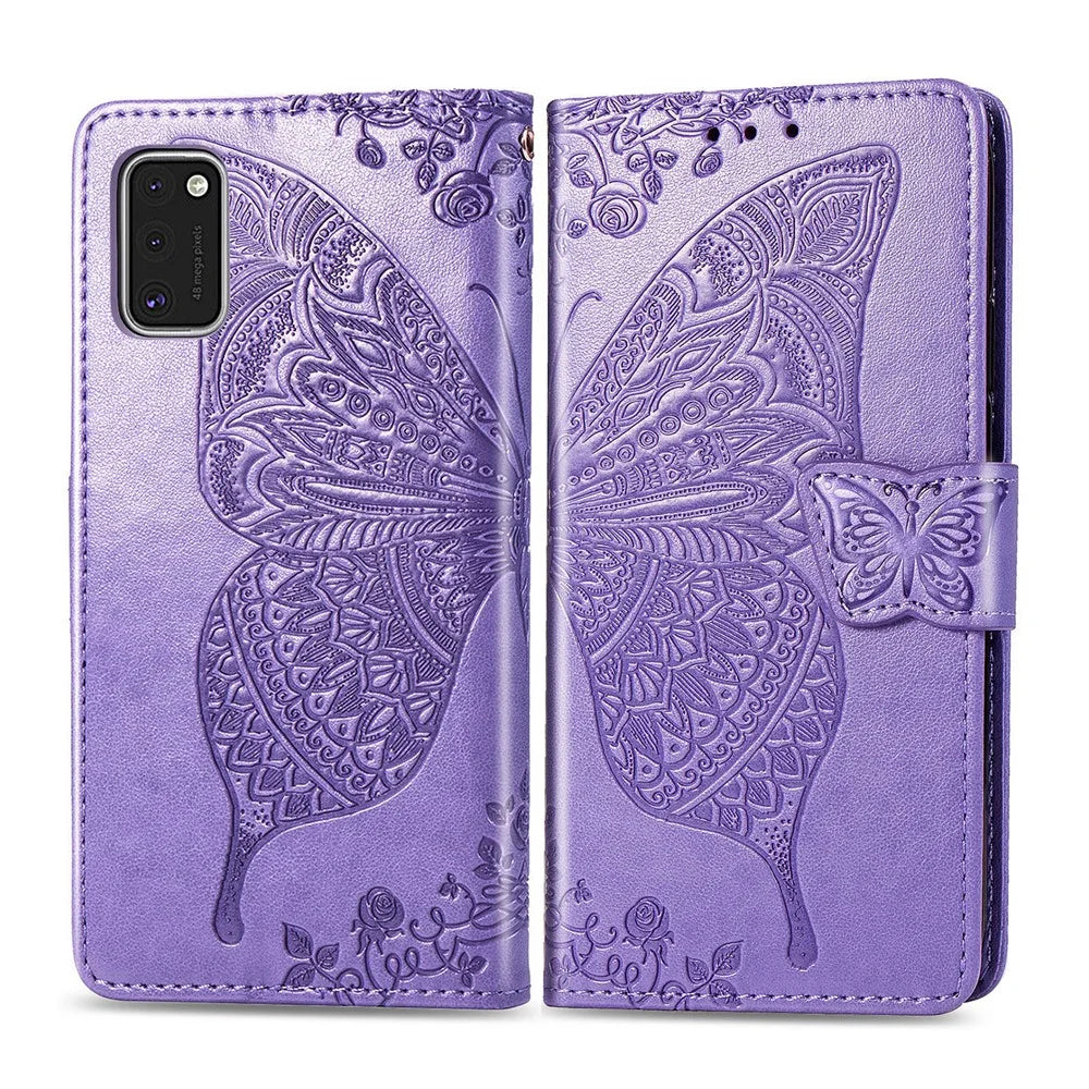 Imprint Butterfly Flower Leather Wallet Case for Samsung Galaxy A41 (Global Version) - Light Purple - 1