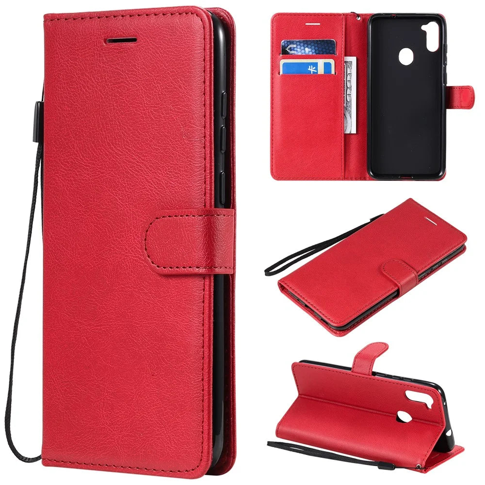 For Samsung Galaxy M11 Case Solid Color Leather Mobile Cover Wallet Stand with Strap - Red - 1
