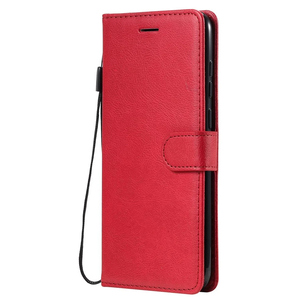For Samsung Galaxy M11 Case Solid Color Leather Mobile Cover Wallet Stand with Strap - Red - 2