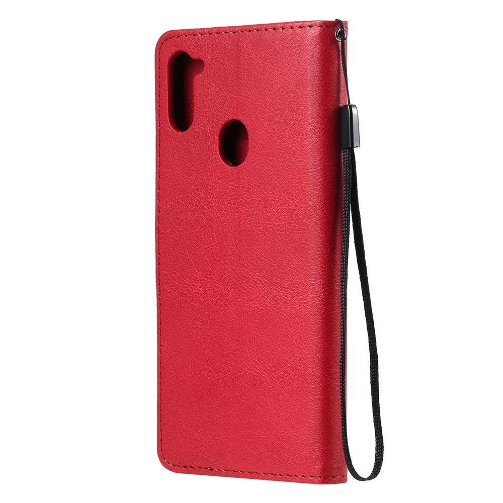 For Samsung Galaxy M11 Case Solid Color Leather Mobile Cover Wallet Stand with Strap - Red - 3