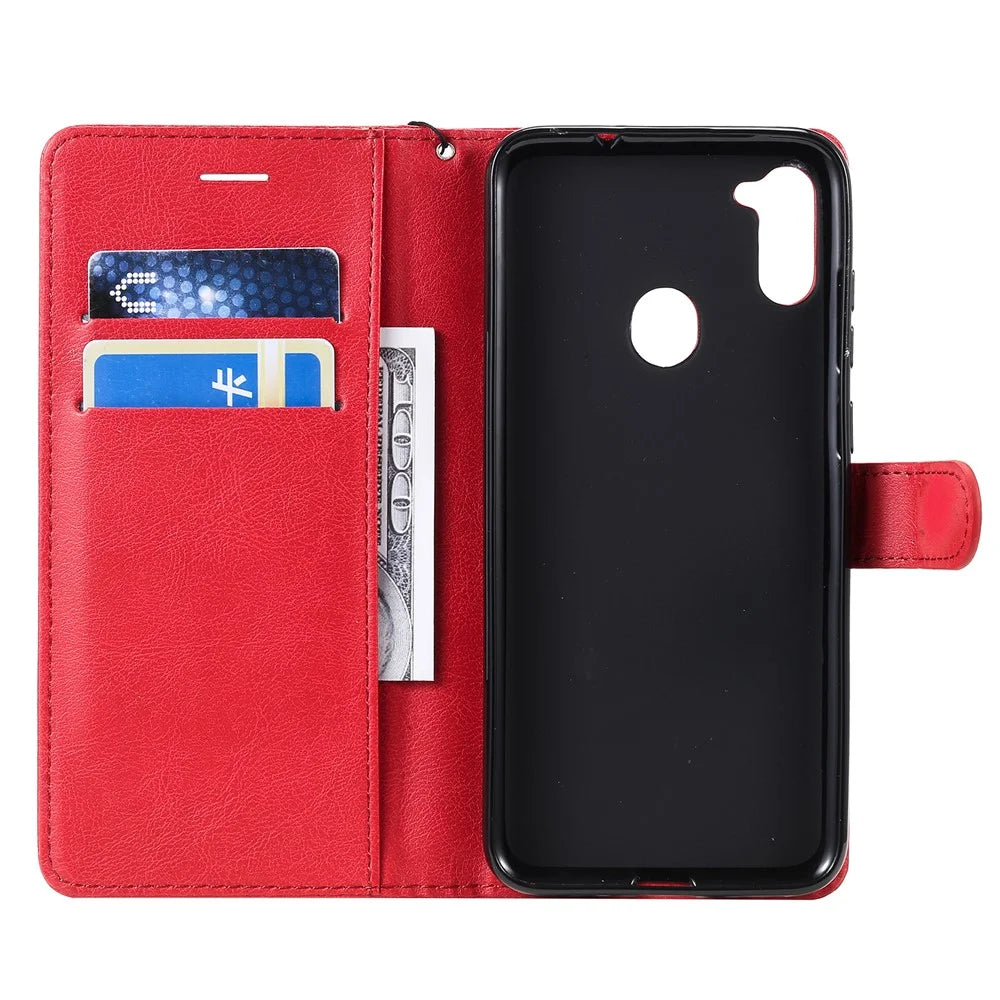 For Samsung Galaxy M11 Case Solid Color Leather Mobile Cover Wallet Stand with Strap - Red - 4