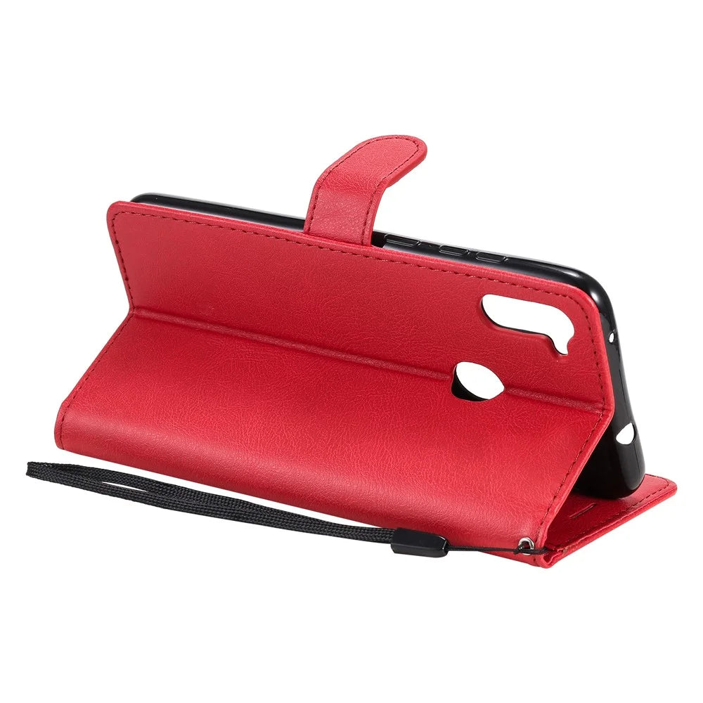 For Samsung Galaxy M11 Case Solid Color Leather Mobile Cover Wallet Stand with Strap - Red - 5