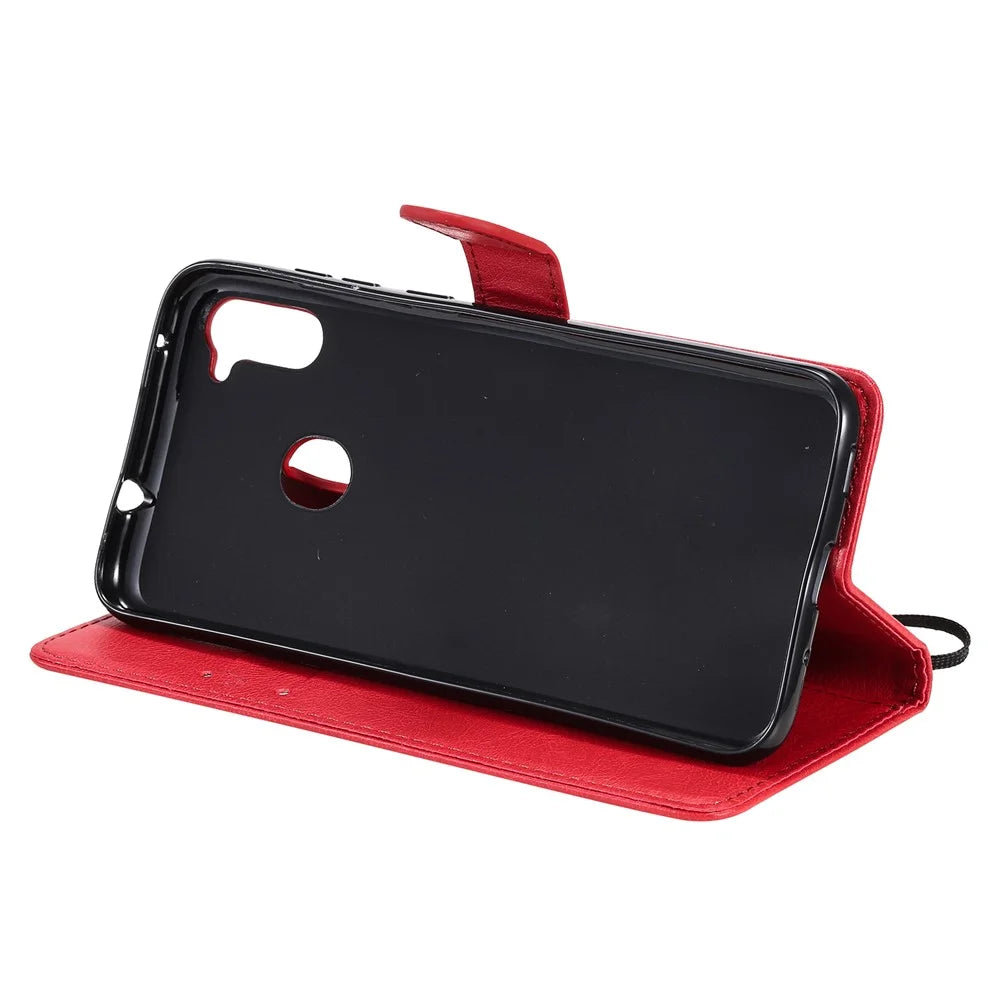 For Samsung Galaxy M11 Case Solid Color Leather Mobile Cover Wallet Stand with Strap - Red - 6