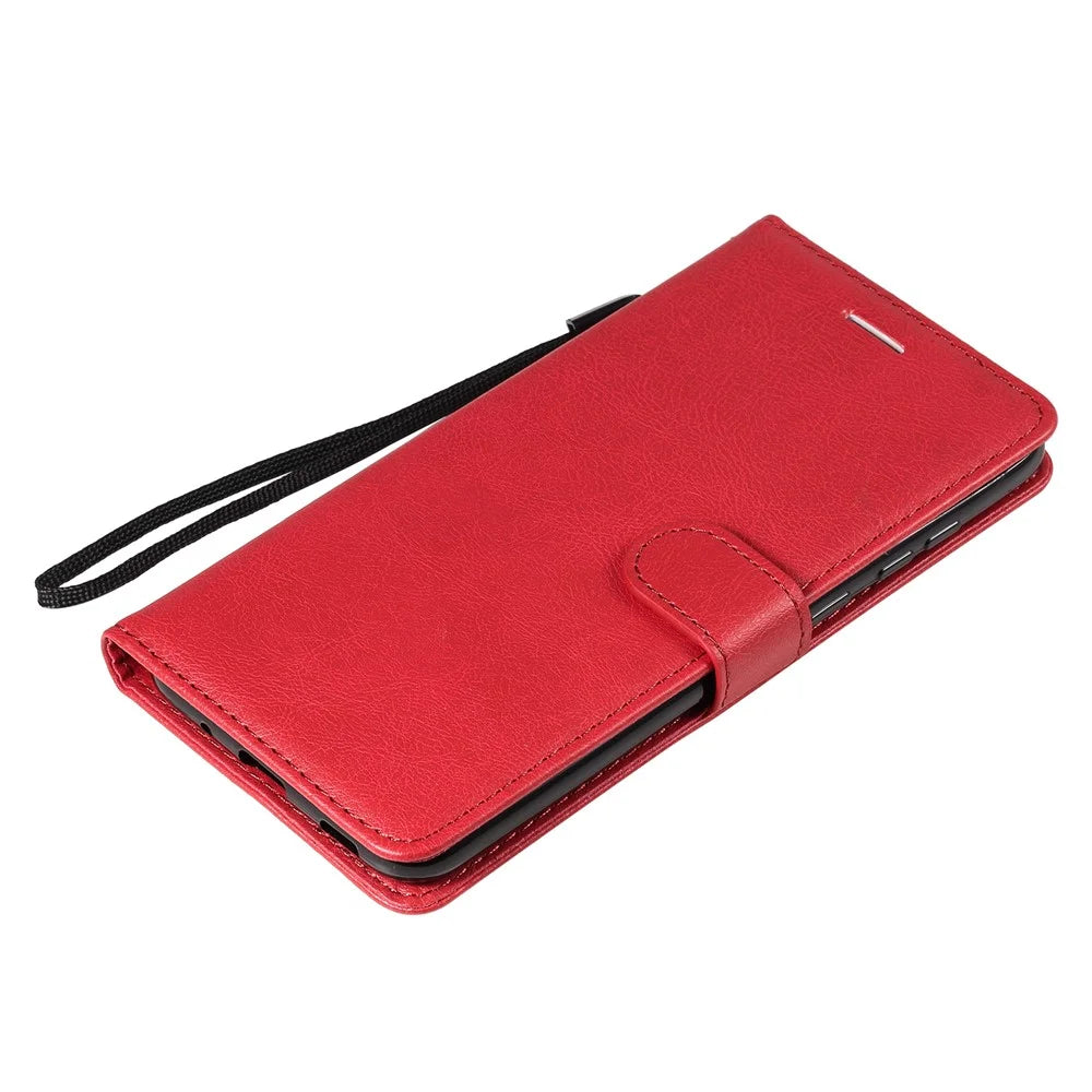 For Samsung Galaxy M11 Case Solid Color Leather Mobile Cover Wallet Stand with Strap - Red - 7