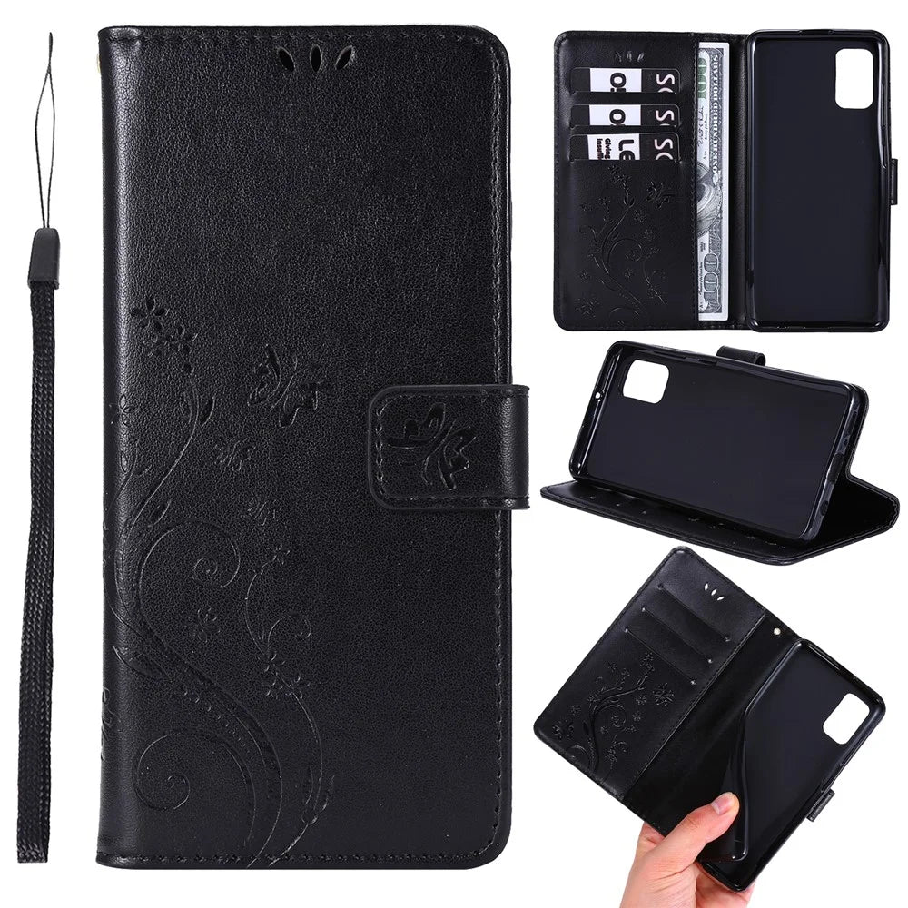 Imprint Butterflies Wallet Stand Flip Leather Phone Shell for Samsung Galaxy A41 (Global Version) - Black - 1