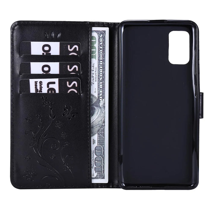 Imprint Butterflies Wallet Stand Flip Leather Phone Shell for Samsung Galaxy A41 (Global Version) - Black - 5