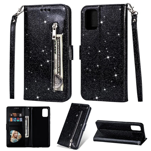 Glitter Powder Zippered Stand Leather Wallet Case with Strap for Samsung Galaxy A41 (Global Version) - Black - 1
