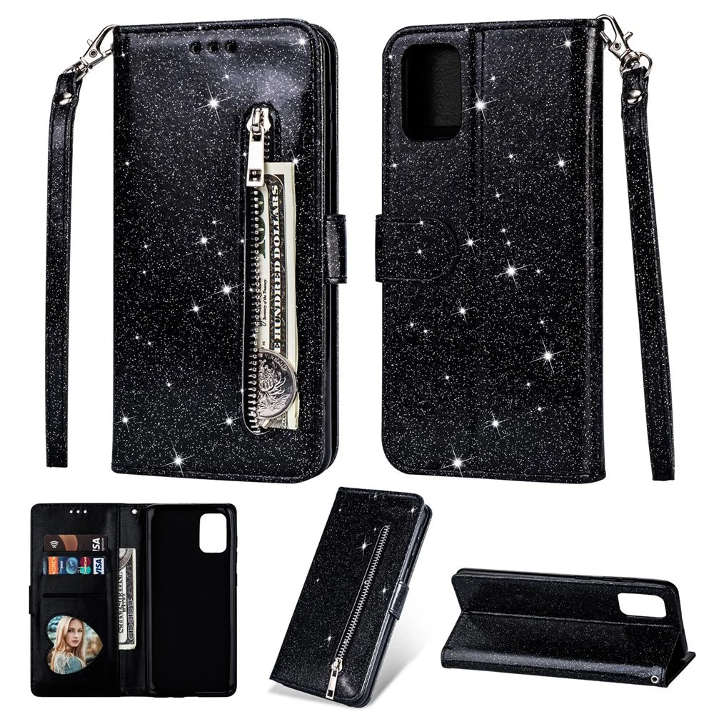 Glitter Powder Zippered Stand Leather Wallet Case with Strap for Samsung Galaxy A41 (Global Version) - Black - 1