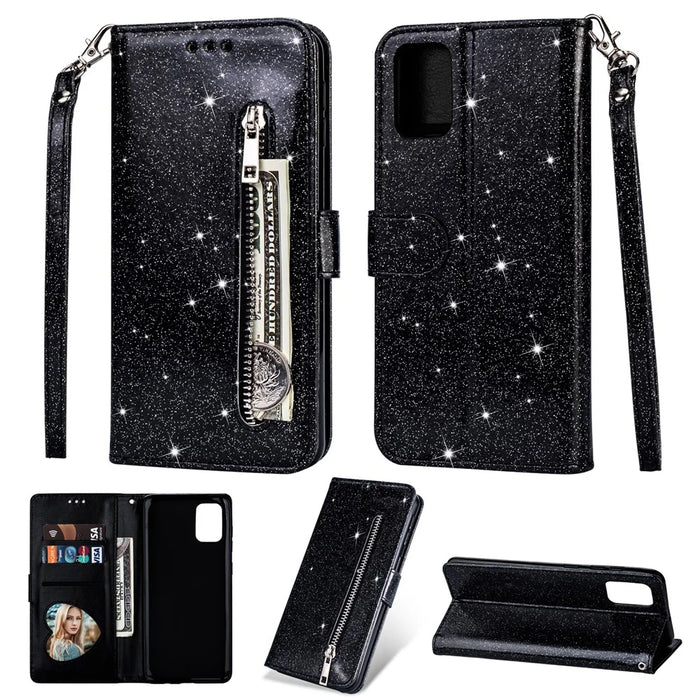 Glitter Powder Zippered Stand Leather Wallet Case with Strap for Samsung Galaxy A41 (Global Version) - Black - 1