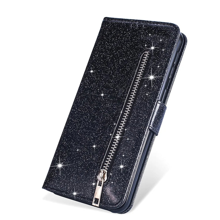 Glitter Powder Zippered Stand Leather Wallet Case with Strap for Samsung Galaxy A41 (Global Version) - Black - 2
