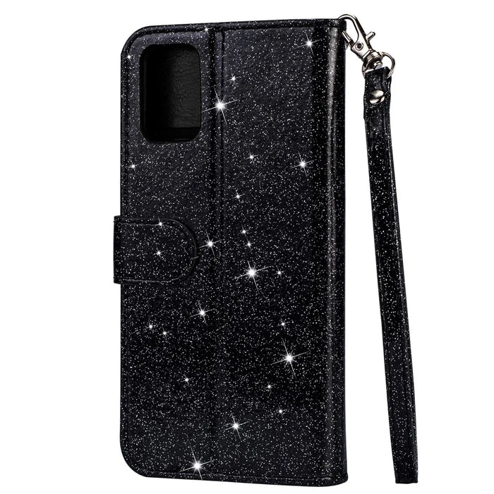 Glitter Powder Zippered Stand Leather Wallet Case with Strap for Samsung Galaxy A41 (Global Version) - Black - 4