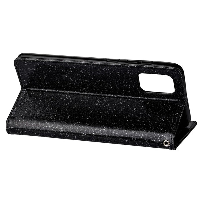 Glitter Powder Zippered Stand Leather Wallet Case with Strap for Samsung Galaxy A41 (Global Version) - Black - 6