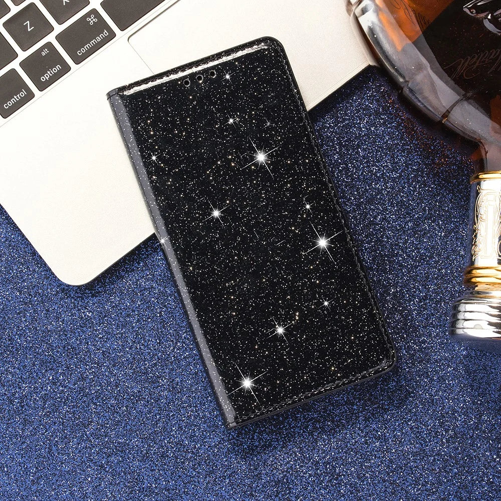 Flash Powder Auto-absorbed Leather Card Slot Shell for Samsung Galaxy A41 (Global Version) - Black - 7