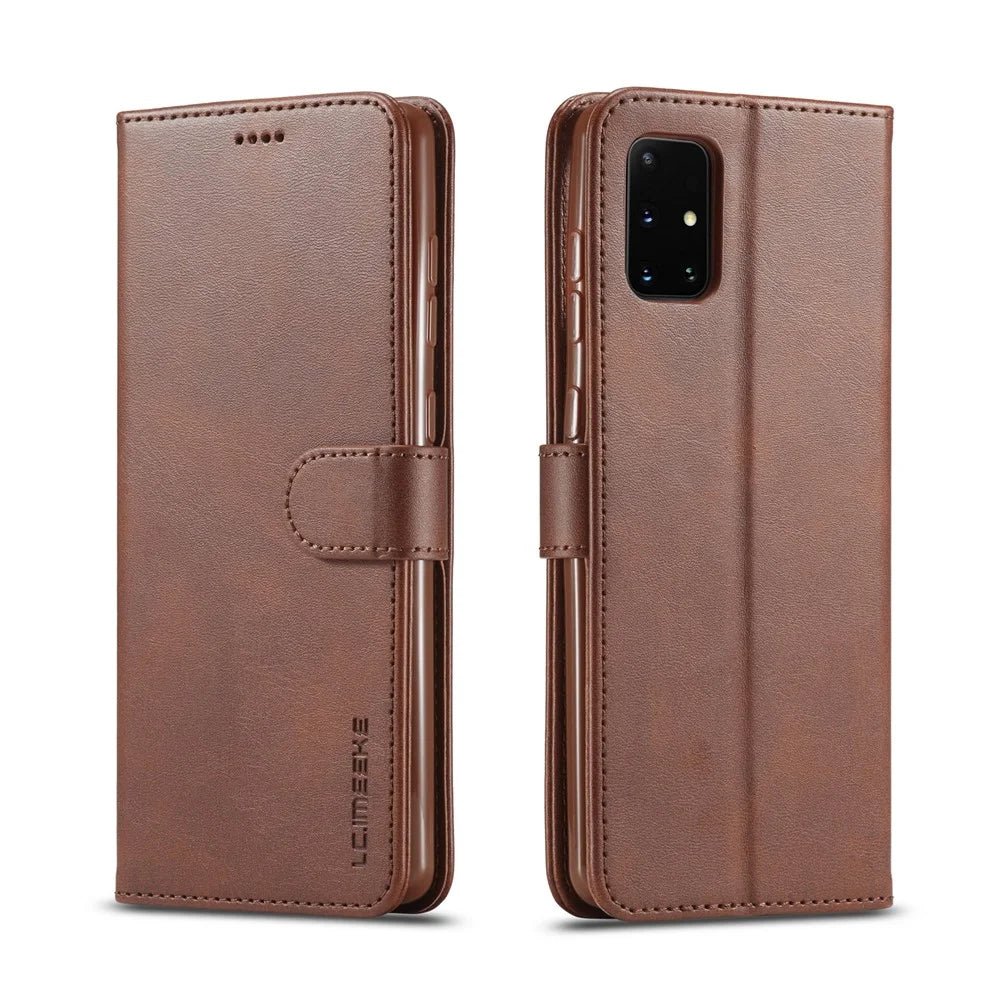LC.IMEEKE Leather Wallet Stand Case for Samsung Galaxy A31 - Coffee - 1