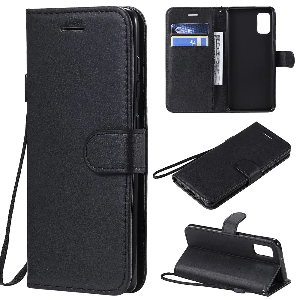 For Samsung Galaxy A41 (Global Version) Case Solid Color Leather Mobile Cover Wallet Stand with Strap - Black - 1