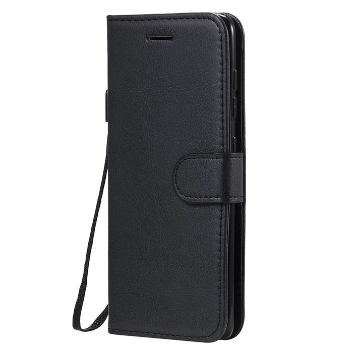 For Samsung Galaxy A41 (Global Version) Case Solid Color Leather Mobile Cover Wallet Stand with Strap - Black - 2