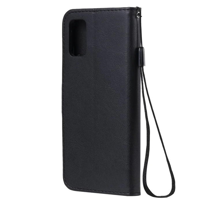 For Samsung Galaxy A41 (Global Version) Case Solid Color Leather Mobile Cover Wallet Stand with Strap - Black - 3