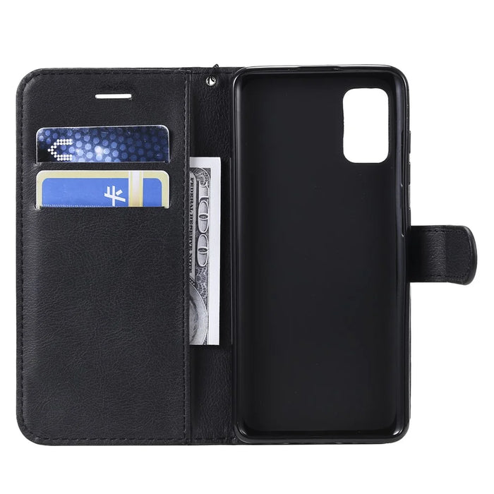 For Samsung Galaxy A41 (Global Version) Case Solid Color Leather Mobile Cover Wallet Stand with Strap - Black - 4