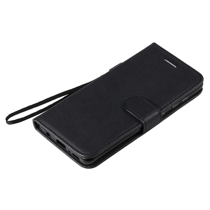For Samsung Galaxy A41 (Global Version) Case Solid Color Leather Mobile Cover Wallet Stand with Strap - Black - 5