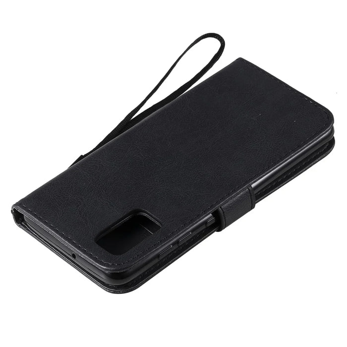 For Samsung Galaxy A41 (Global Version) Case Solid Color Leather Mobile Cover Wallet Stand with Strap - Black - 6