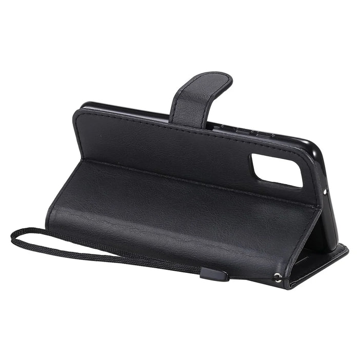 For Samsung Galaxy A41 (Global Version) Case Solid Color Leather Mobile Cover Wallet Stand with Strap - Black - 7