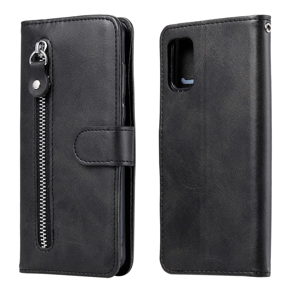 Zipper Pocket Leather Wallet Stand Case for Samsung Galaxy A41 (Global Version) - Black - 1