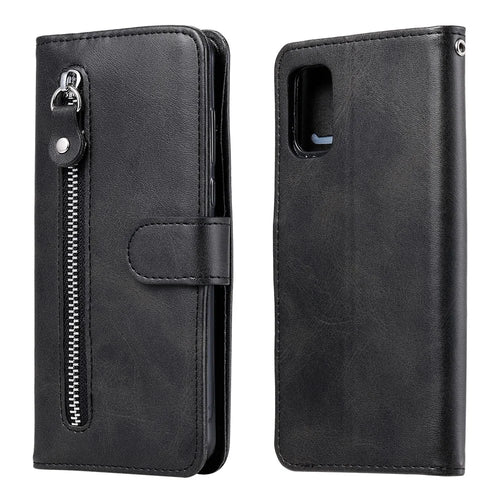 Zipper Pocket Leather Wallet Stand Case for Samsung Galaxy A41 (Global Version) - Black - 1