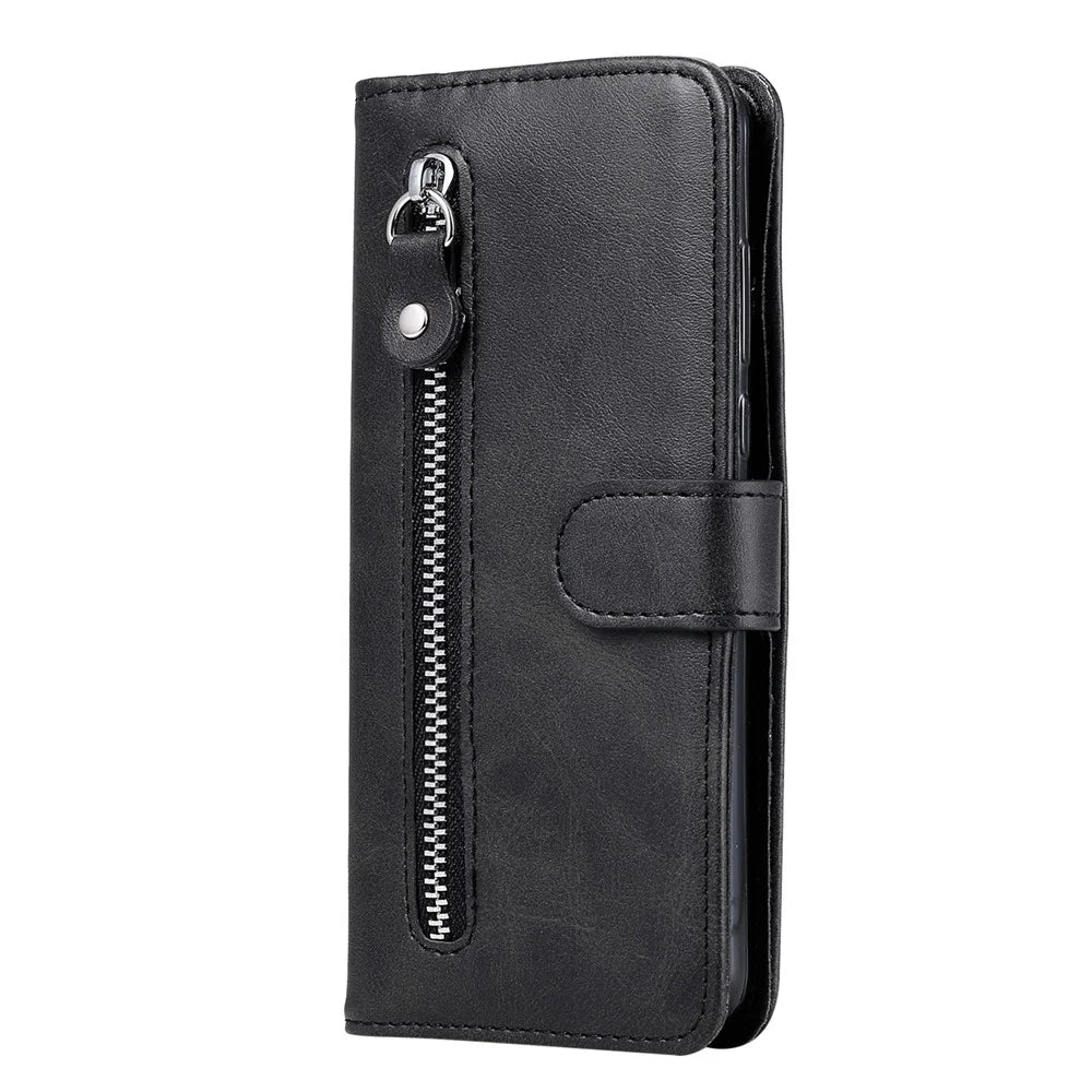 Zipper Pocket Leather Wallet Stand Case for Samsung Galaxy A41 (Global Version) - Black - 3