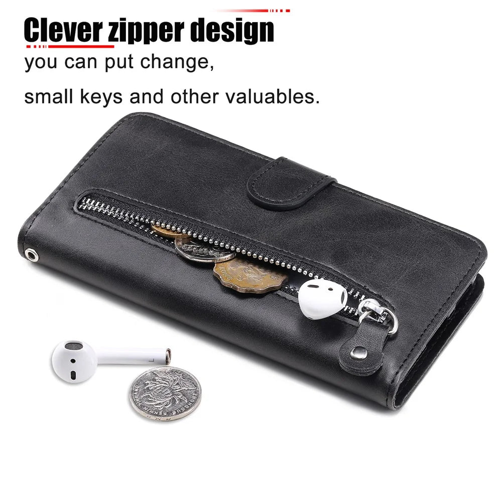 Zipper Pocket Leather Wallet Stand Case for Samsung Galaxy A41 (Global Version) - Black - 6