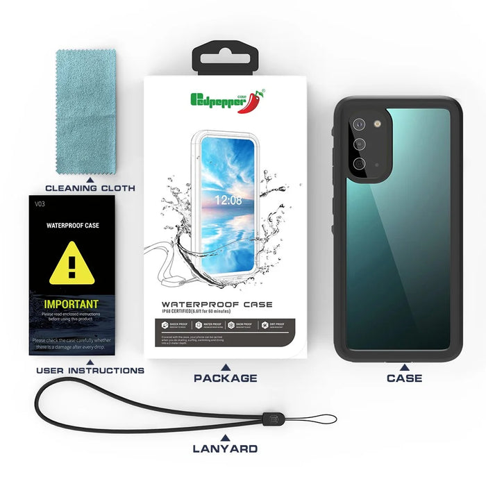 REDPEPPER Durable Mobile Phone Case IP68 Waterproof Phone Cover [Support Fingerprint Unlock ] [Clear Back] for Samsung Galaxy S20 4G/S20 5G - Black - 4