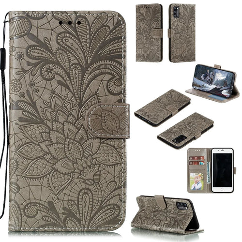 Imprinted Lace Flower Skin Leather with Wallet Stand Case for Samsung Galaxy A41 (Global Version) - Brown - 1