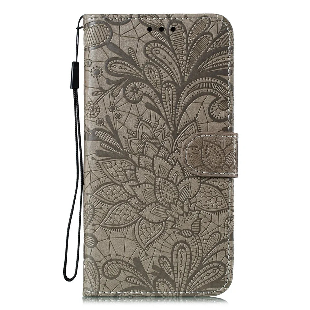 Imprinted Lace Flower Skin Leather with Wallet Stand Case for Samsung Galaxy A41 (Global Version) - Brown - 2